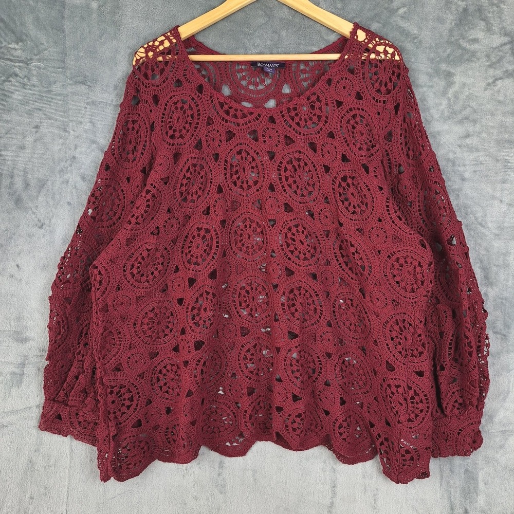 Womens Top 2X 26/28 Red Crochet Cottagecore Boho Festival Peasant Retro Casual